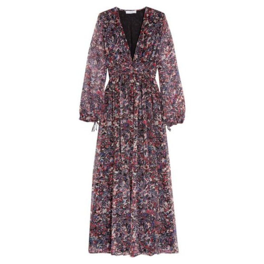 IRO Kimie 100% Silk Chiffon Sheer Printed Floral V-Neck Maxi Dress
